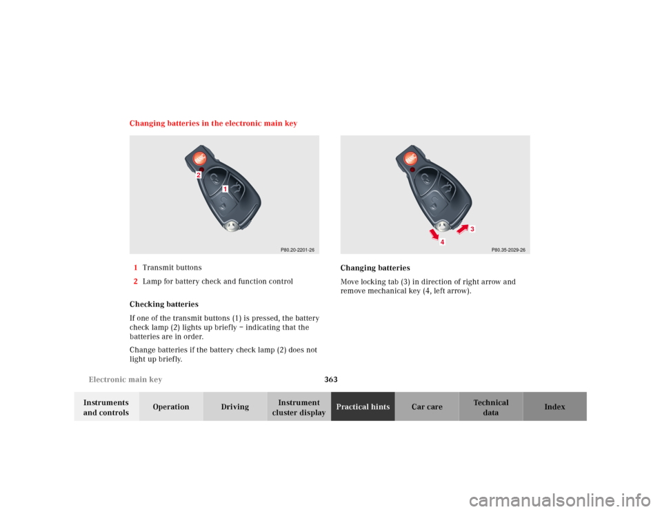 MERCEDES-BENZ CL55AMG 2001 C215 Owners Manual 363 Electronic main key
Te ch n ica l
data Instruments 
and controlsOperation DrivingInstrument 
cluster displayPractical hintsCar care Index Changing batteries in the electronic main key
1Transmit bu