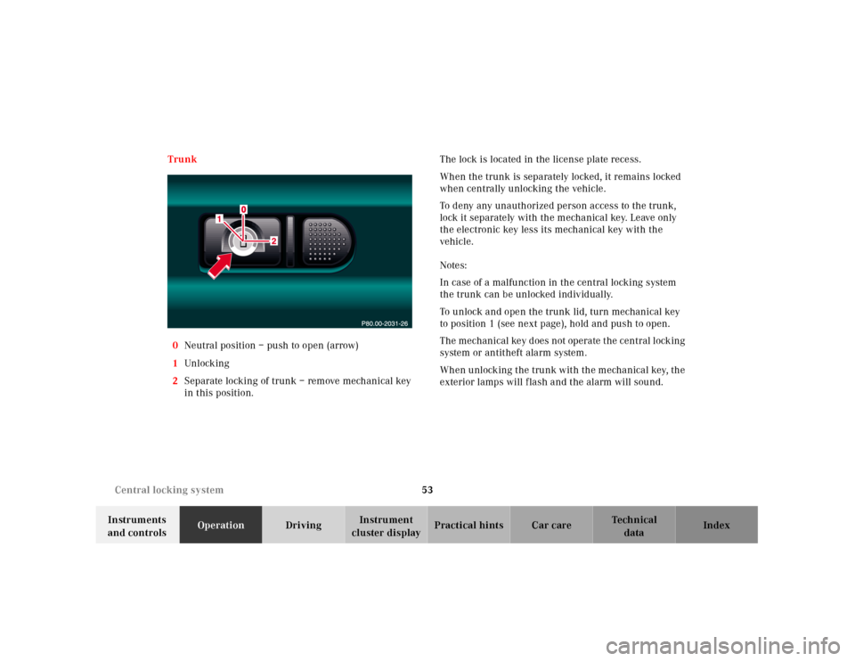 MERCEDES-BENZ CL55AMG 2001 C215 User Guide 53 Central locking system
Te ch n ica l
data Instruments 
and controlsOperationDrivingInstrument 
cluster displayPractical hints Car care Index Trunk
0Neutral position – push to open (arrow)
1Unl oc