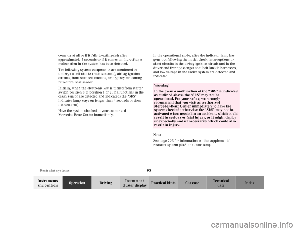 MERCEDES-BENZ CL55AMG 2001 C215 Owners Guide 93 Restraint systems
Te ch n ica l
data Instruments 
and controlsOperationDrivingInstrument 
cluster displayPractical hints Car care Index come on at all or if it fails to extinguish after 
approximat