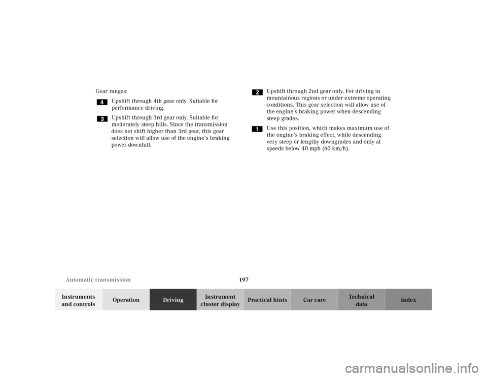 MERCEDES-BENZ CLK320 2001 A208 Owners Manual 197 Automatic transmission
Te ch n ica l
data Instruments
and controlsOperationDrivingInstrument
cluster displayPractical hints Car care Index Gear ranges:
Upshift through 4th gear only. Suitable fo MERCEDES-BENZ CLK320 2001 A208 Owners Manual 197 Automatic transmission
Te ch n ica l
data Instruments
and controlsOperationDrivingInstrument
cluster displayPractical hints Car care Index Gear ranges:
Upshift through 4th gear only. Suitable fo