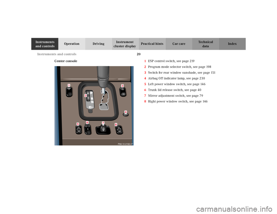 MERCEDES-BENZ CLK320 2001 A208 Owners Manual 20 Instruments and controls
Te ch n ica l
data Instruments
and controlsOperation DrivingInstrument
cluster displayPractical hints Car care Index
Center console1ESP control switch, see page 219
2Prog MERCEDES-BENZ CLK320 2001 A208 Owners Manual 20 Instruments and controls
Te ch n ica l
data Instruments
and controlsOperation DrivingInstrument
cluster displayPractical hints Car care Index
Center console1ESP control switch, see page 219
2Prog