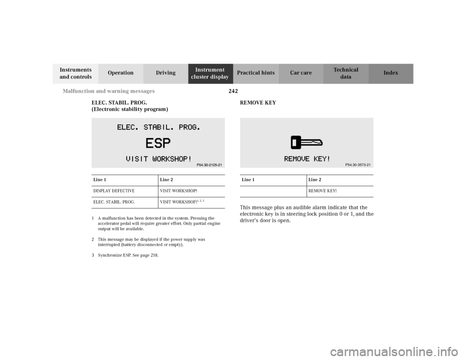 MERCEDES-BENZ CLK320 2001 A208 Owners Manual 242 Malfunction and warning messages
Te ch n ica l
data Instruments
and controlsOperation DrivingInstrument
cluster displayPractical hints Car care Index
ELEC. STABIL. PROG.
(Electronic stability pr MERCEDES-BENZ CLK320 2001 A208 Owners Manual 242 Malfunction and warning messages
Te ch n ica l
data Instruments
and controlsOperation DrivingInstrument
cluster displayPractical hints Car care Index
ELEC. STABIL. PROG.
(Electronic stability pr