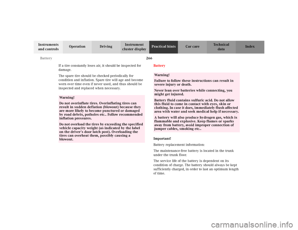 MERCEDES-BENZ CLK320 2001 A208 Owners Manual 266 Battery
Te ch n ica l
data Instruments 
and controlsOperation DrivingInstrument 
cluster displayPractical hintsCar care Index
If a tire constantly loses air, it should be inspected for 
damage.
Th