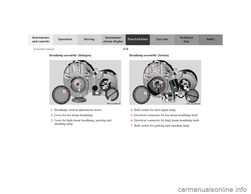 MERCEDES-BENZ CLK320 2001 A208 Owners Manual 274 Exterior lamps
Te ch n ica l
data Instruments 
and controlsOperation DrivingInstrument 
cluster displayPractical hintsCar care Index
Headlamp assembly (Halogen)
1Headlamp vertical adjustment screw