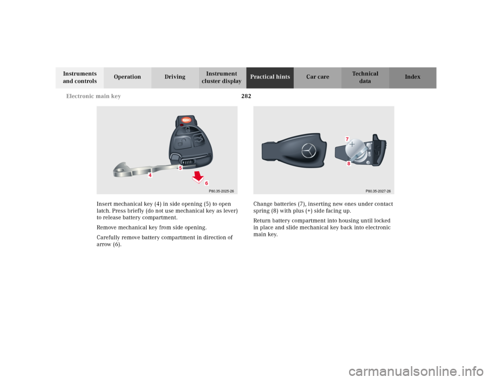 MERCEDES-BENZ CLK320 2001 A208 Owners Manual 282 Electronic main key
Te ch n ica l
data Instruments
and controlsOperation DrivingInstrument
cluster displayPractical hintsCar care Index
Insert mechanical key (4) in side opening (5) to open
lat MERCEDES-BENZ CLK320 2001 A208 Owners Manual 282 Electronic main key
Te ch n ica l
data Instruments
and controlsOperation DrivingInstrument
cluster displayPractical hintsCar care Index
Insert mechanical key (4) in side opening (5) to open
lat