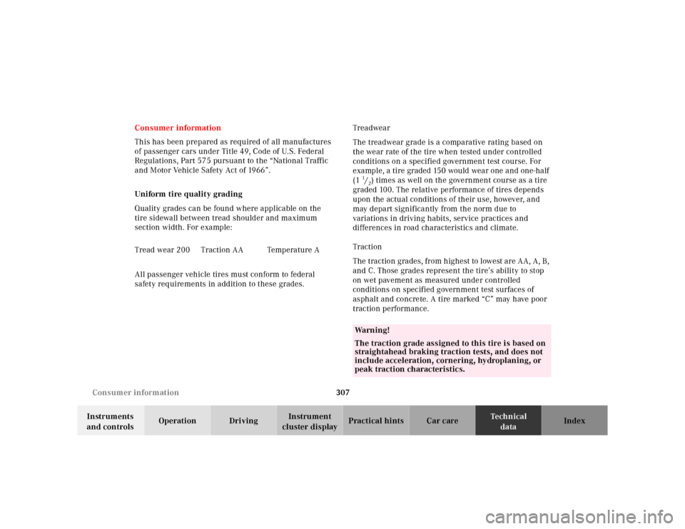 MERCEDES-BENZ CLK320 2001 A208 User Guide 307 Consumer information
Te ch n ica l
data Instruments 
and controlsOperation DrivingInstrument 
cluster displayPractical hints Car care Index Consumer information
This has been prepared as required 
