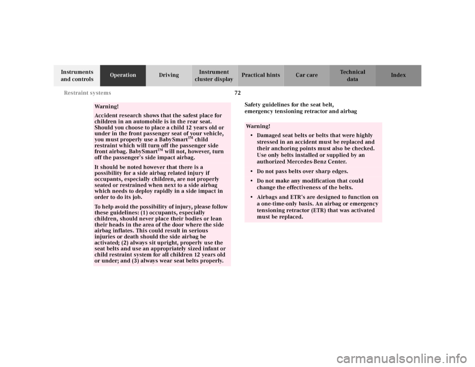 MERCEDES-BENZ CLK320 2001 A208 Manual PDF 72 Restraint systems
Te ch n ica l
data Instruments
and controlsOperationDrivingInstrument
cluster displayPractical hints Car care Index
Safety guidelines for the seat belt,
emergency tensioning re MERCEDES-BENZ CLK320 2001 A208 Manual PDF 72 Restraint systems
Te ch n ica l
data Instruments
and controlsOperationDrivingInstrument
cluster displayPractical hints Car care Index
Safety guidelines for the seat belt,
emergency tensioning re