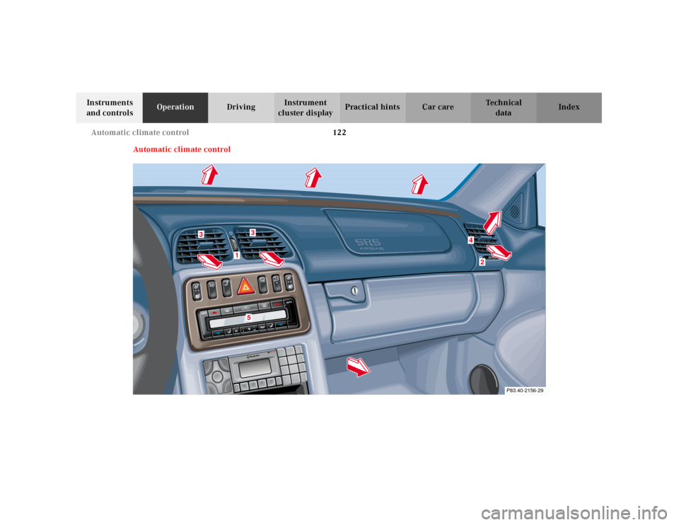 MERCEDES-BENZ CLK430 2001 C208 Owners Manual 122 Automatic climate control
Te ch n ica l
data Instruments 
and controlsOperationDrivingInstrument 
cluster displayPractical hints Car care Index
Automatic climate control
P83.40-2156-29
1
3
36
2
4

