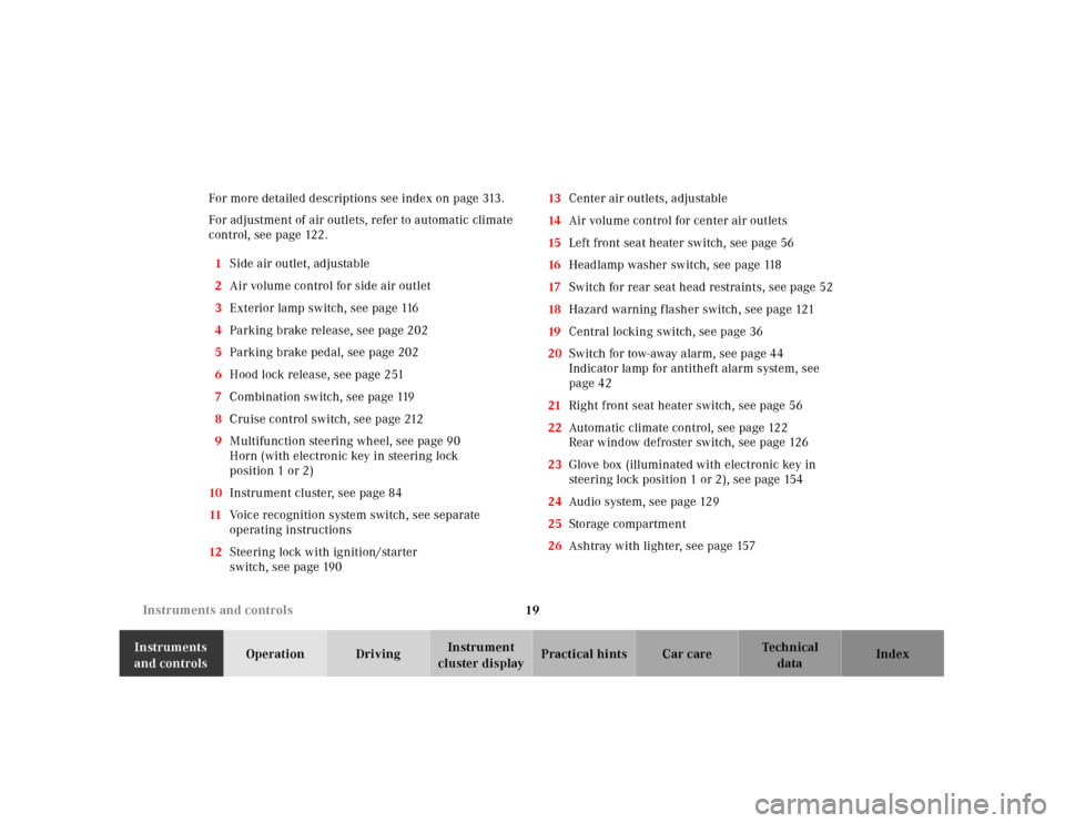 MERCEDES-BENZ CLK55AMG 2001 C208 Owners Manual 19 Instruments and controls
Te ch n ica l
data Instruments 
and controlsOperation DrivingInstrument 
cluster displayPractical hints Car care Index For more detailed descriptions see index on page 313.