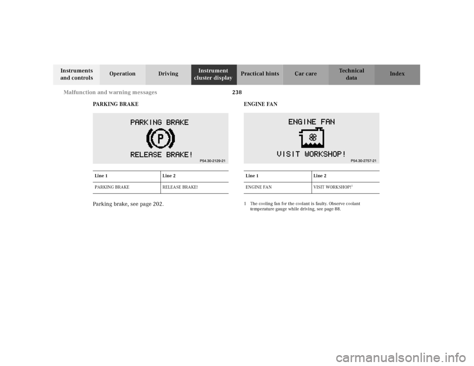 MERCEDES-BENZ CLK430 2001 C208 Owners Manual 238 Malfunction and warning messages
Te ch n ica l
data Instruments
and controlsOperation DrivingInstrument
cluster displayPractical hints Car care Index
PA R K I N G B R A K E
Parking brake, see MERCEDES-BENZ CLK430 2001 C208 Owners Manual 238 Malfunction and warning messages
Te ch n ica l
data Instruments
and controlsOperation DrivingInstrument
cluster displayPractical hints Car care Index
PA R K I N G B R A K E
Parking brake, see