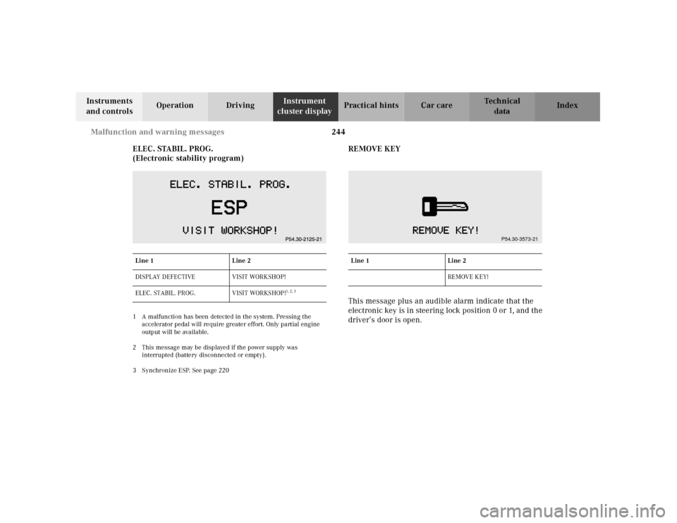 MERCEDES-BENZ CLK430 2001 C208 Owners Manual 244 Malfunction and warning messages
Te ch n ica l
data Instruments
and controlsOperation DrivingInstrument
cluster displayPractical hints Car care Index
ELEC. STABIL. PROG.
(Electronic stability pr MERCEDES-BENZ CLK430 2001 C208 Owners Manual 244 Malfunction and warning messages
Te ch n ica l
data Instruments
and controlsOperation DrivingInstrument
cluster displayPractical hints Car care Index
ELEC. STABIL. PROG.
(Electronic stability pr
