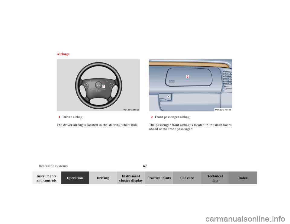 MERCEDES-BENZ CLK55AMG 2001 C208 Repair Manual 67 Restraint systems
Te ch n ica l
data Instruments
and controlsOperationDrivingInstrument
cluster displayPractical hints Car care Index Airbags
1Driver airbag
The driver airbag is located in the st MERCEDES-BENZ CLK55AMG 2001 C208 Repair Manual 67 Restraint systems
Te ch n ica l
data Instruments
and controlsOperationDrivingInstrument
cluster displayPractical hints Car care Index Airbags
1Driver airbag
The driver airbag is located in the st