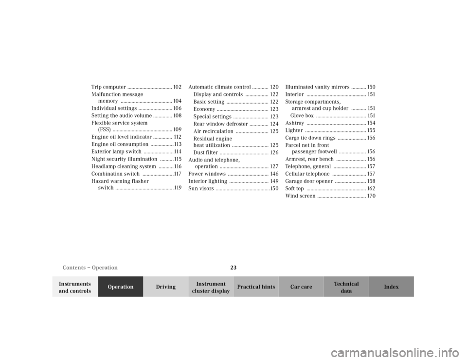 MERCEDES-BENZ CLK CABRIOLET 2001 A208 Owners Guide 23 Contents – Operation
Te ch n ica l
data Instruments 
and controlsOperationDrivingInstrument 
cluster displayPractical hints Car care Index Trip computer  ................................. 102
Mal