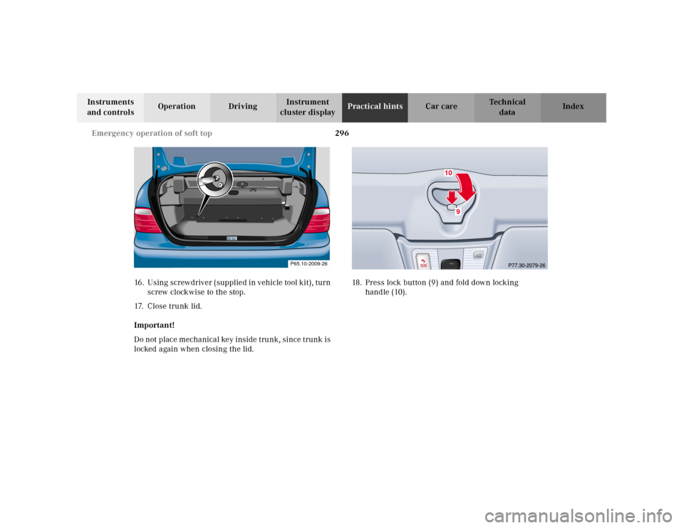 MERCEDES-BENZ CLK CABRIOLET 2001 A208 Owners Manual 296 Emergency operation of soft top
Te ch n ica l
data Instruments 
and controlsOperation DrivingInstrument 
cluster displayPractical hintsCar care Index
16 . U s in g  s c r ew d r iv e r  ( s u p pl