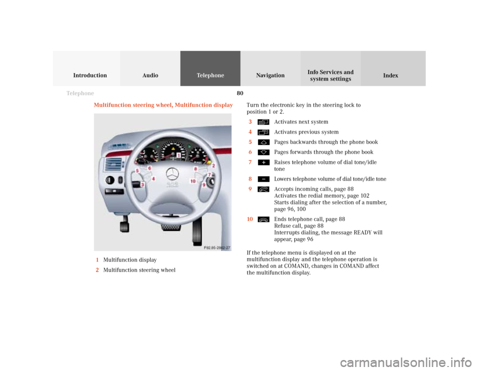 MERCEDES-BENZ CLK COUPE 2001 A208 Comand Manual 80 Telephone
Introduction AudioTelephone
Navigation
Index Info Services and
system settings
Multifunction steering wheel, Multifunction display
1Multifunction display
2Multifunction steering wheelTurn