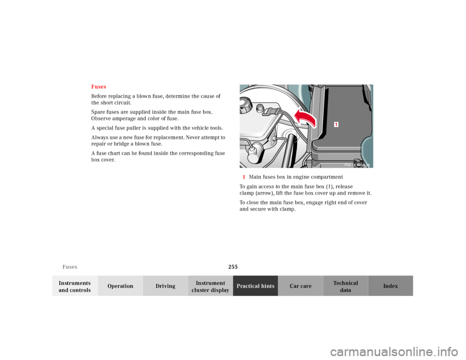 MERCEDES-BENZ E320 2001 W210 Owners Manual 255 Fuses
Technical
data Instruments 
and controlsOperation DrivingInstrument 
cluster displayPractical hintsCar care Index Fuses
Before replacing a blown fuse, determine the cause of 
the short circu