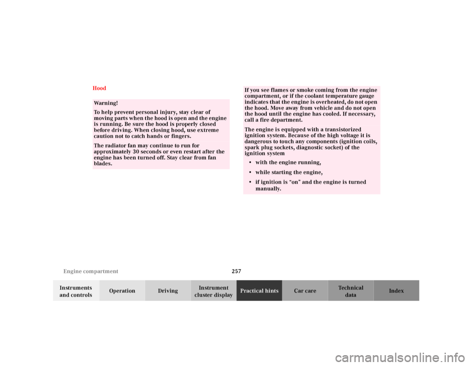 MERCEDES-BENZ E320 2001 W210 Owners Manual 257 Engine compartment
Technical
data Instruments 
and controlsOperation DrivingInstrument 
cluster displayPractical hintsCar care Index Hood
Wa r n i n g !
To help prevent personal injury, stay clear