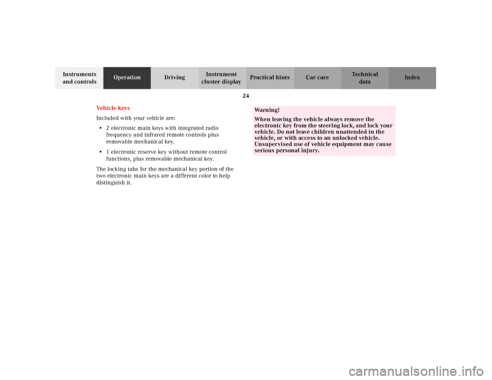 MERCEDES-BENZ E430 2001 W210 Owners Manual 24
Technical
data Instruments 
and controlsOperationDrivingInstrument 
cluster displayPractical hints Car care Index
Ve h i c l e   k ey s
Included with your vehicle are:
•2 electronic main keys wit