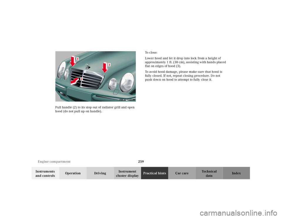 MERCEDES-BENZ E320 2001 W210 Owners Manual 259 Engine compartment
Technical
data Instruments 
and controlsOperation DrivingInstrument 
cluster displayPractical hintsCar care Index Pull handle (2) to its stop out of radiator grill and open 
hoo