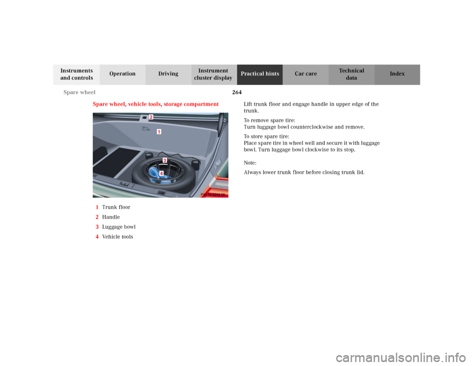 MERCEDES-BENZ E430 2001 W210 Owners Manual 264 Spare wheel
Technical
data Instruments 
and controlsOperation DrivingInstrument 
cluster displayPractical hintsCar care Index
Spare wheel, vehicle tools, storage compartment
1Trunk floor
2Handle
3