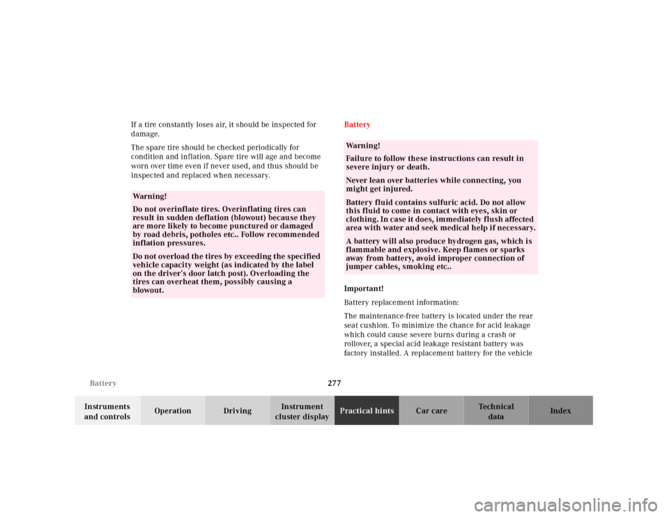 MERCEDES-BENZ E430 2001 W210 Owners Manual 277 Battery
Technical
data Instruments 
and controlsOperation DrivingInstrument 
cluster displayPractical hintsCar care Index If a tire constantly loses air, it should be inspected for 
damage.
The sp