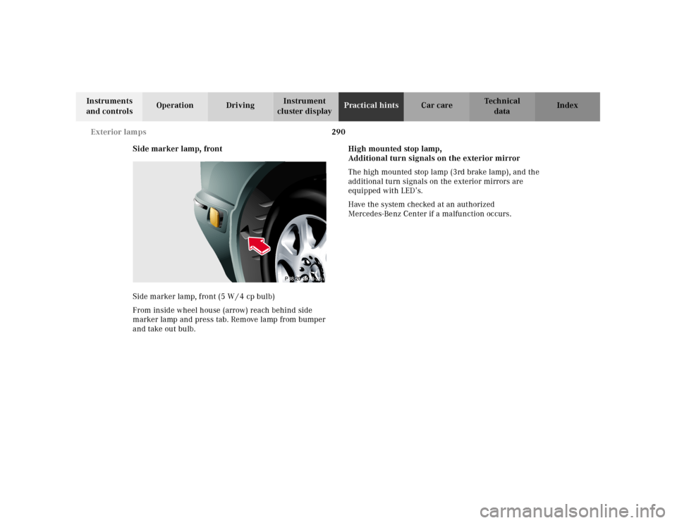 MERCEDES-BENZ E320 2001 W210 Owners Manual 290 Exterior lamps
Technical
data Instruments 
and controlsOperation DrivingInstrument 
cluster displayPractical hintsCar care Index
Side marker lamp, front
Side marker lamp, front (5 W / 4 cp bulb)
F