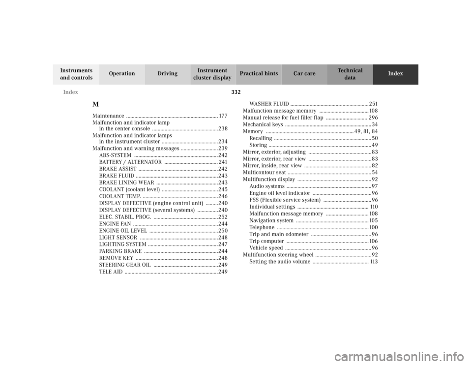 MERCEDES-BENZ E320 2001 W210 Owners Manual 332 Index
Technical
data Instruments
and controlsOperation DrivingInstrument
cluster displayPractical hints Car careIndex
MMaintenance .............................................................. MERCEDES-BENZ E320 2001 W210 Owners Manual 332 Index
Technical
data Instruments
and controlsOperation DrivingInstrument
cluster displayPractical hints Car careIndex
MMaintenance ..............................................................