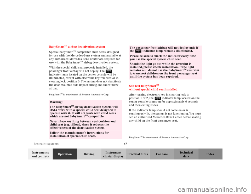 MERCEDES-BENZ E430 2001 W210 Owners Manual 67 Restraint systems
Technical
data Instruments 
and controlsOperationDrivingInstrument 
cluster displayPractical hints Car care Index BabySmart
TM airbag deactivation system
Special BabySmart
TM comp