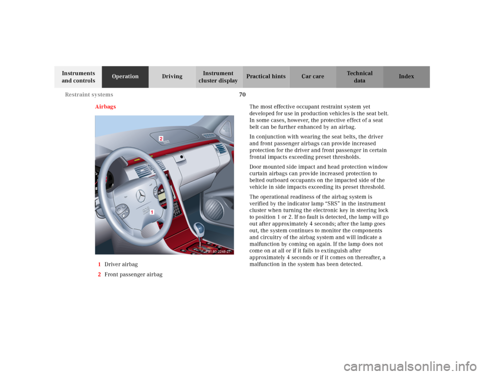 MERCEDES-BENZ E430 2001 W210 Manual PDF 70 Restraint systems
Technical
data Instruments 
and controlsOperationDrivingInstrument 
cluster displayPractical hints Car care Index
Airbags
1Driver airbag
2Front passenger airbagThe most effective 