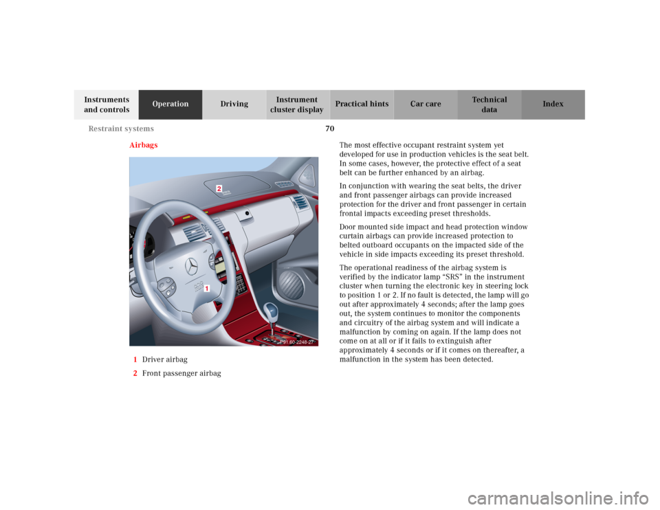 MERCEDES-BENZ E430 2001 W210 Owners Guide 70 Restraint systems
Technical
data Instruments 
and controlsOperationDrivingInstrument 
cluster displayPractical hints Car care Index
Airbags
1Driver airbag
2Front passenger airbagThe most effective 