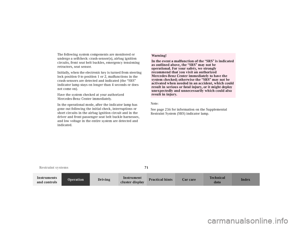 MERCEDES-BENZ E430 2001 W210 Owners Guide 71 Restraint systems
Technical
data Instruments 
and controlsOperationDrivingInstrument 
cluster displayPractical hints Car care Index The following system components are monitored or 
undergo a selfc