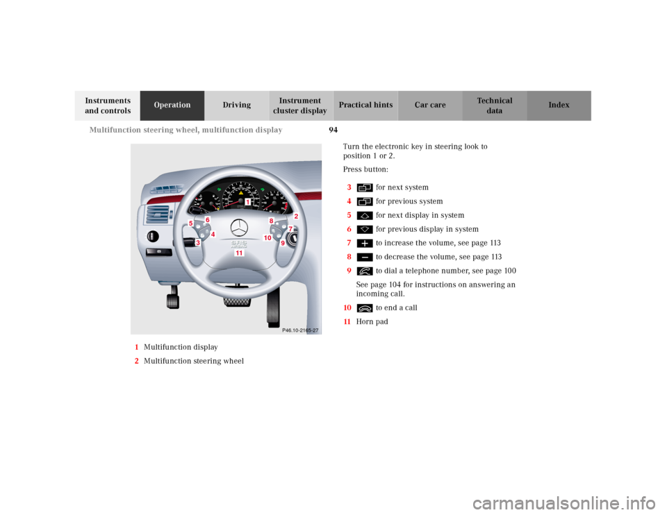 MERCEDES-BENZ E430 2001 W210 Service Manual 94 Multifunction steering wheel, multifunction display
Technical
data Instruments 
and controlsOperationDrivingInstrument 
cluster displayPractical hints Car care Index
1Multifunction display
2Multifu