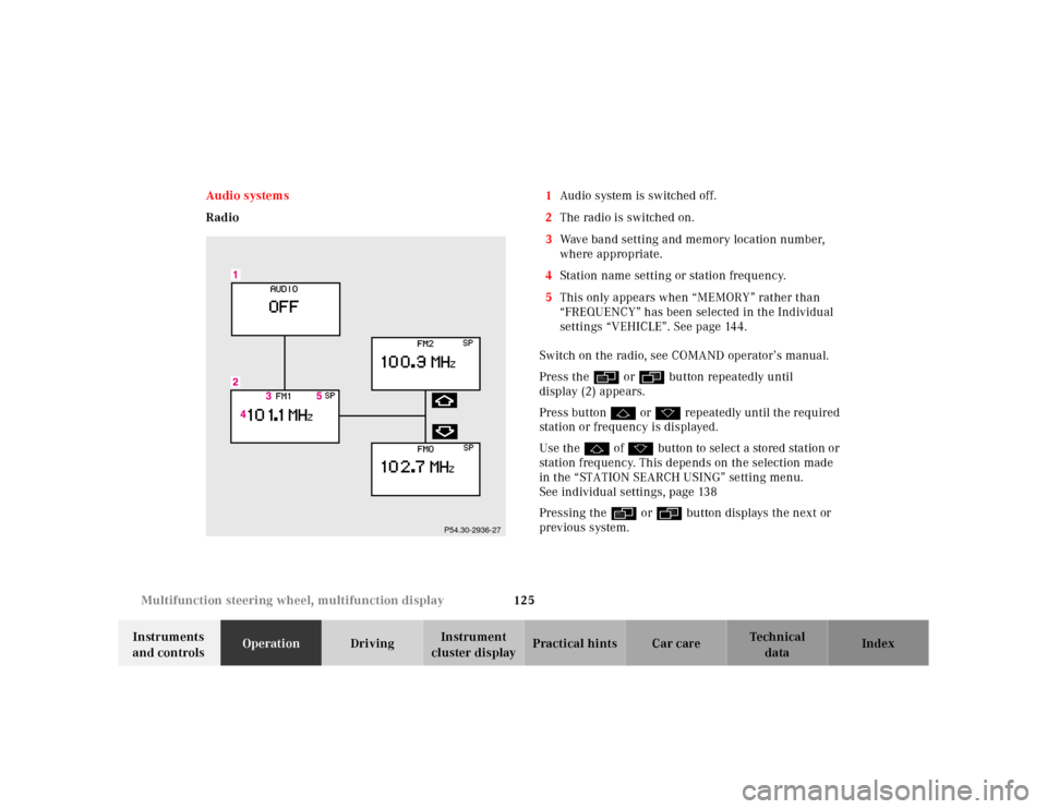 MERCEDES-BENZ E-Class 2001 W210 Owners Guide 125 Multifunction steering wheel, multifunction display
Te ch n ica l
data Instruments 
and controlsOperationDrivingInstrument 
cluster displayPractical hints Car care Index Audio systems
Radio1Audio 