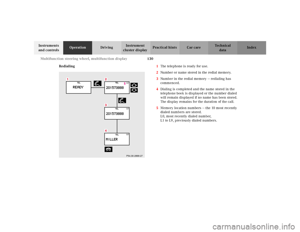 MERCEDES-BENZ E-Class 2001 W210 Owners Guide 130 Multifunction steering wheel, multifunction display
Te ch n ica l
data Instruments 
and controlsOperationDrivingInstrument 
cluster displayPractical hints Car care Index
Redialing1The telephone is