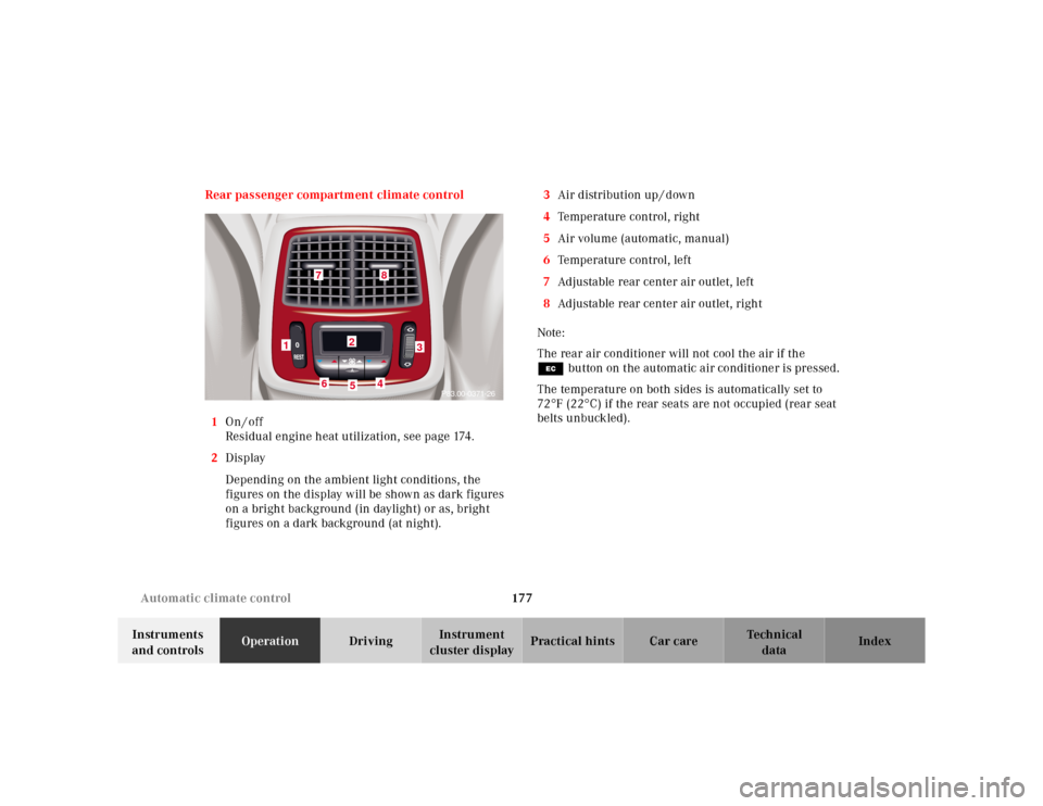 MERCEDES-BENZ E-Class 2001 W210 Owners Manual 177 Automatic climate control
Te ch n ica l
data Instruments 
and controlsOperationDrivingInstrument 
cluster displayPractical hints Car care Index Rear passenger compartment climate control
1On / off