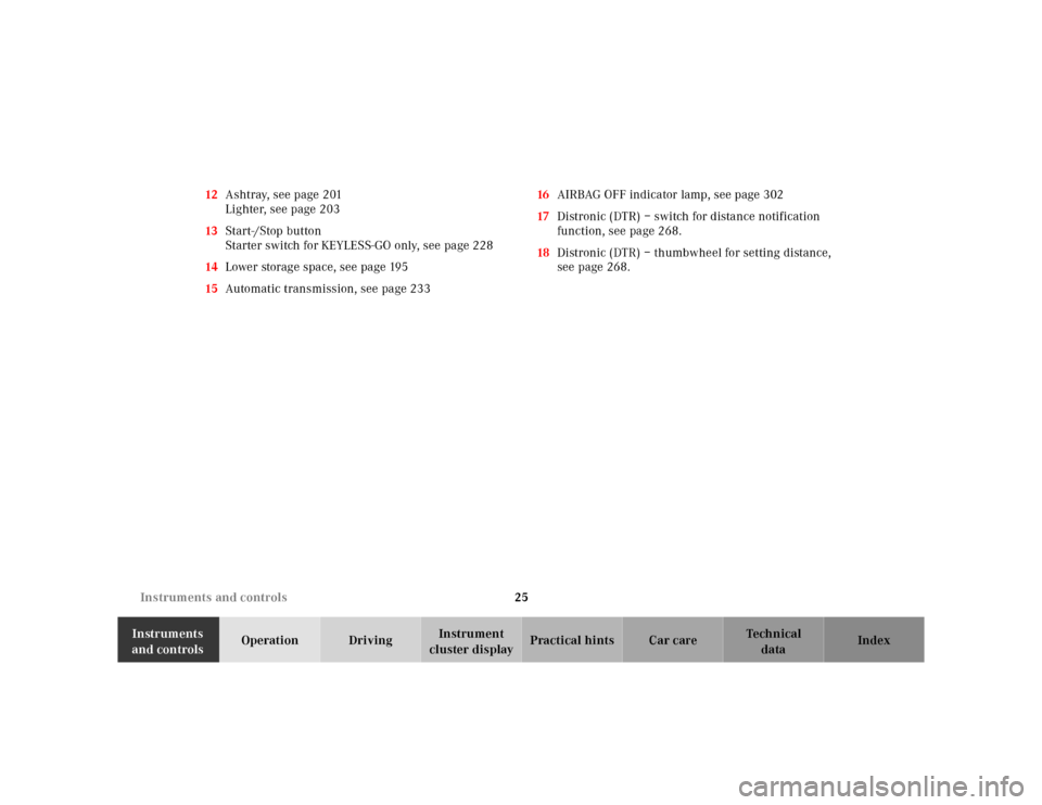 MERCEDES-BENZ E-Class 2001 W210 Owners Manual 25 Instruments and controls
Te ch n ica l
data Instruments 
and controlsOperation DrivingInstrument 
cluster displayPractical hints Car care Index 12Ashtray, see page 201
Lighter, see page 203
13Start