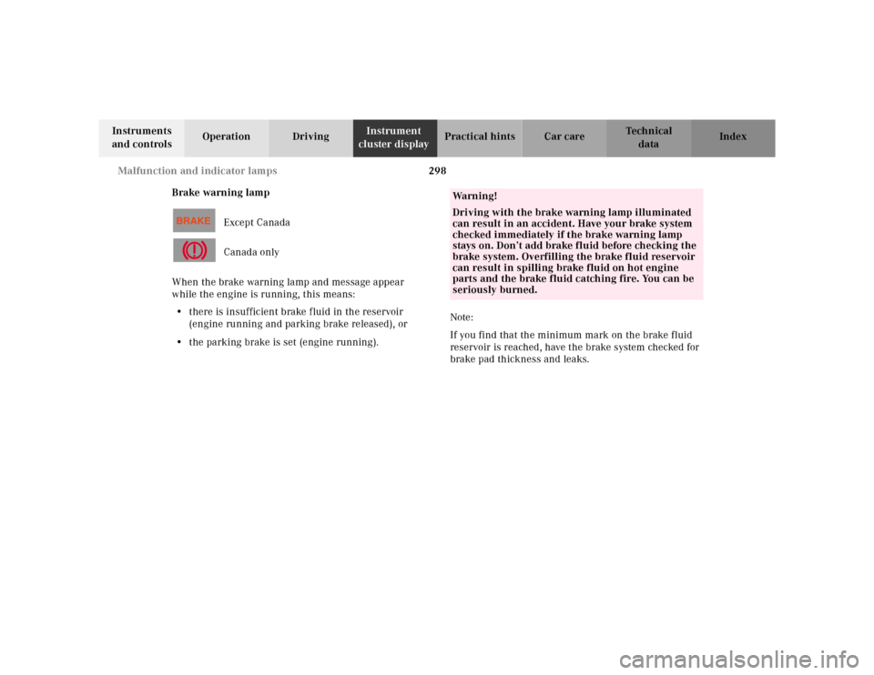 MERCEDES-BENZ E-Class 2001 W210 Owners Manual 298 Malfunction and indicator lamps
Te ch n ica l
data Instruments 
and controlsOperation DrivingInstrument 
cluster displayPractical hints Car care Index
Brake warning lamp
Except Canada
Canada only
