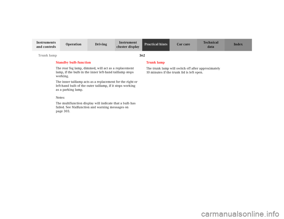 MERCEDES-BENZ E-Class 2001 W210 Owners Manual 362 Trunk lamp
Te ch n ica l
data Instruments 
and controlsOperation DrivingInstrument 
cluster displayPractical hintsCar care Index
Standby bulb function
The rear fog lamp, dimmed, will act as a repl