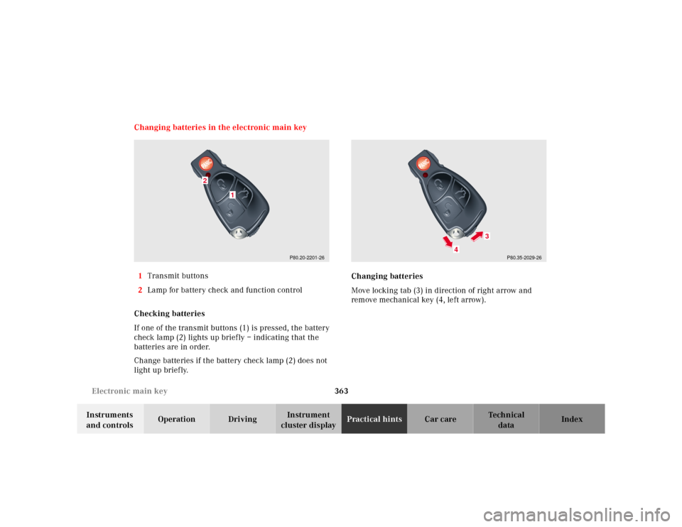 MERCEDES-BENZ E-Class 2001 W210 Owners Manual 363 Electronic main key
Te ch n ica l
data Instruments 
and controlsOperation DrivingInstrument 
cluster displayPractical hintsCar care Index Changing batteries in the electronic main key
1Transmit bu