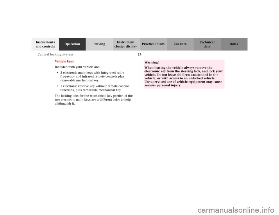 MERCEDES-BENZ E-CLASS WAGON 2001 W210 Owners Manual 24 Central locking system
Te ch n ica l
data Instruments 
and controlsOperationDrivingInstrument 
cluster displayPractical hints Car care Index
Ve h i c l e  k ey s
Included with your vehicle are:
•
