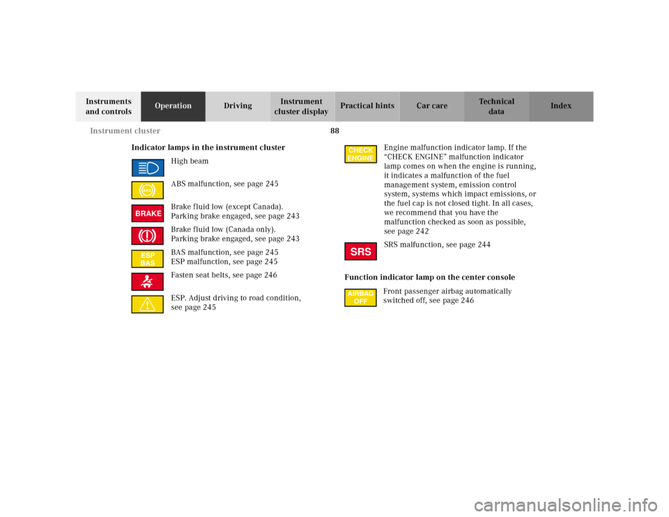 MERCEDES-BENZ E-CLASS WAGON 2001 W210 Owners Manual 88 Instrument cluster
Te ch n ica l
data Instruments 
and controlsOperationDrivingInstrument 
cluster displayPractical hints Car care Index
Indicator lamps in the instrument cluster
High beam
ABS malf