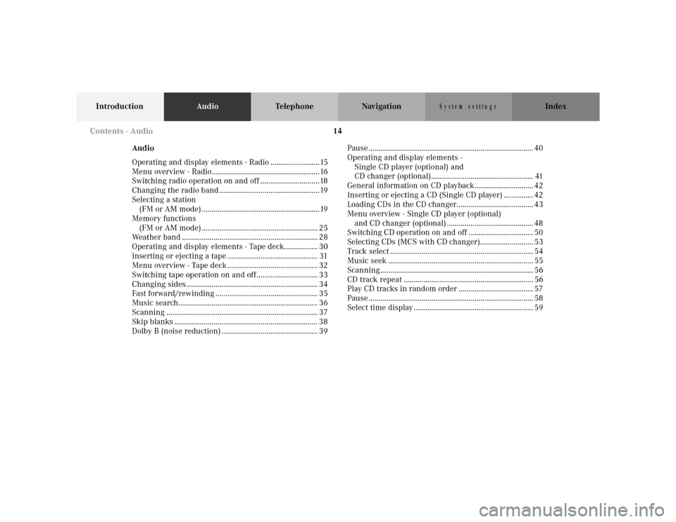 MERCEDES-BENZ M-Class 2001 W163 Comand Manual 14
IntroductionAudioTelephone Navigation Index
S y s te m  s e ttin g s
Audio
Operating and display elements - Radio .........................15
Menu overview - Radio..................................
