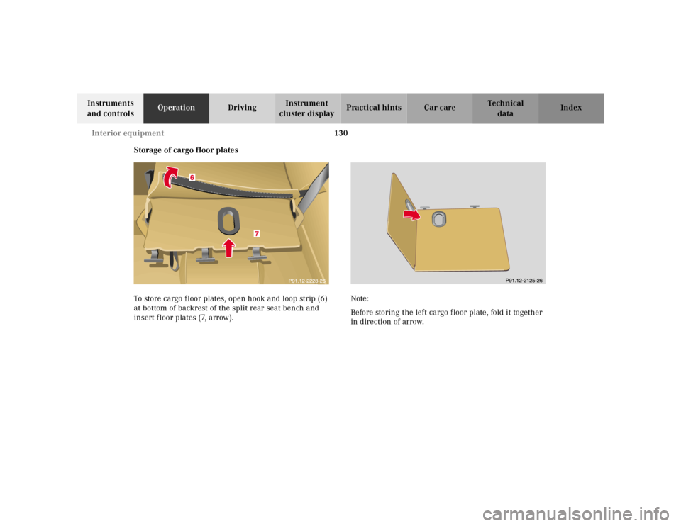 MERCEDES-BENZ ML320 2001 W163 Owners Manual 130 Interior equipment
Te ch n ica l
data Instruments 
and controlsOperationDrivingInstrument 
cluster displayPractical hints Car care Index
Storage of cargo floor plates
To store cargo floor plates, 