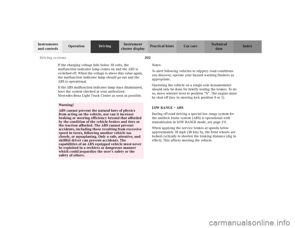 MERCEDES-BENZ ML320 2001 W163 Owners Manual 202 Driving systems
Te ch n ica l
data Instruments
and controlsOperationDrivingInstrument
cluster displayPractical hints Car care Index
If the charging voltage falls below 10 volts, the
malfunction MERCEDES-BENZ ML320 2001 W163 Owners Manual 202 Driving systems
Te ch n ica l
data Instruments
and controlsOperationDrivingInstrument
cluster displayPractical hints Car care Index
If the charging voltage falls below 10 volts, the
malfunction