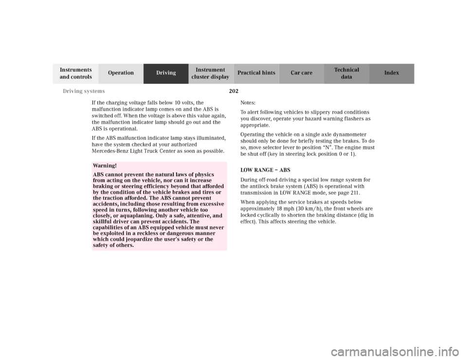 MERCEDES-BENZ ML430 2001 W163 Owners Guide 202 Driving systems
Te ch n ica l
data Instruments 
and controlsOperationDrivingInstrument 
cluster displayPractical hints Car care Index
If the charging voltage falls below 10 volts, the 
malfunction