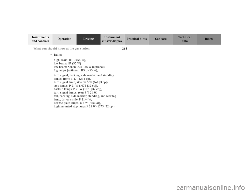 MERCEDES-BENZ ML320 2001 W163 Owners Manual 214 What you should know at the gas station
Te ch n ica l
data Instruments 
and controlsOperationDrivingInstrument 
cluster displayPractical hints Car care Index
•Bulbs
high beam: H1 U (55 W),
low b