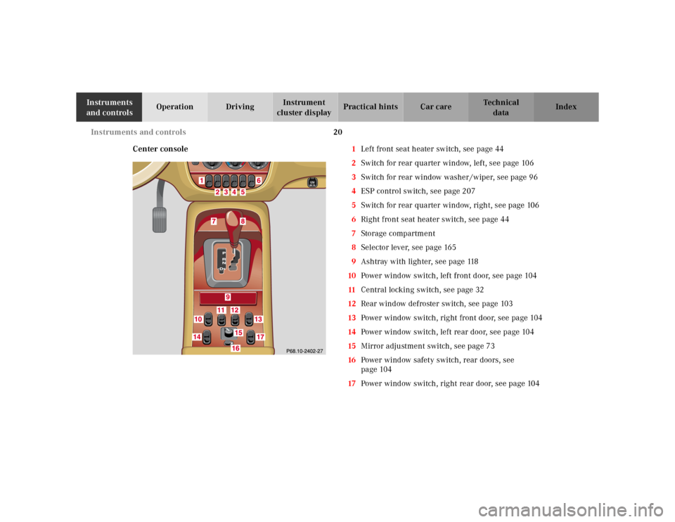 MERCEDES-BENZ ML430 2001 W163 Owners Manual 20 Instruments and controls
Te ch n ica l
data Instruments 
and controlsOperation DrivingInstrument 
cluster displayPractical hints Car care Index
Center console1Left front seat heater switch, see pag