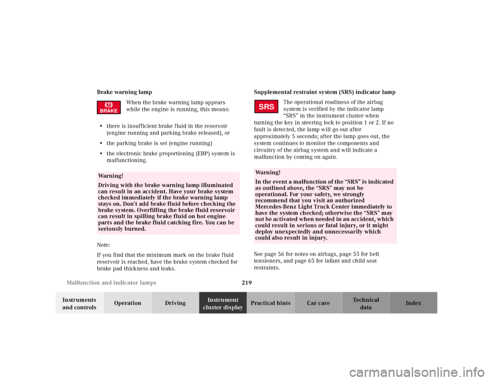 MERCEDES-BENZ ML55AMG 2001 W163 Owners Guide 219 Malfunction and indicator lamps
Te ch n ica l
data Instruments 
and controlsOperation DrivingInstrument 
cluster displayPractical hints Car care Index Brake warning lamp
When the brake warning lam