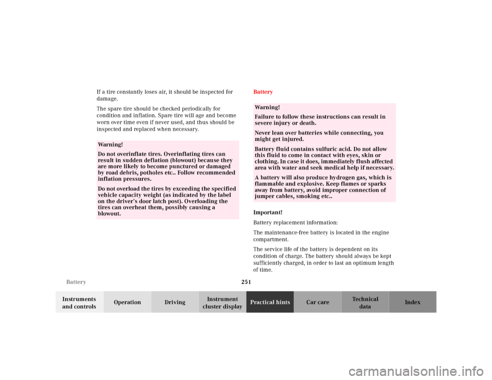 MERCEDES-BENZ ML55AMG 2001 W163 User Guide 251 Battery
Te ch n ica l
data Instruments 
and controlsOperation DrivingInstrument 
cluster displayPractical hintsCar care Index If a tire constantly loses air, it should be inspected for 
damage.
Th