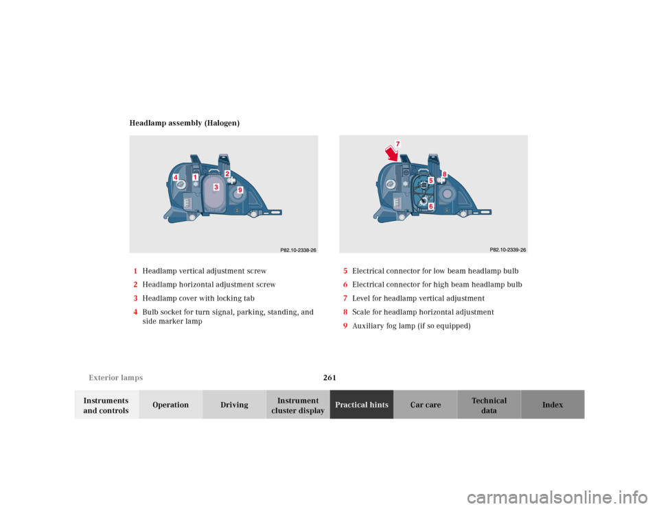 MERCEDES-BENZ ML55AMG 2001 W163 User Guide 261 Exterior lamps
Te ch n ica l
data Instruments 
and controlsOperation DrivingInstrument 
cluster displayPractical hintsCar care Index Headlamp assembly (Halogen)
1Headlamp vertical adjustment screw